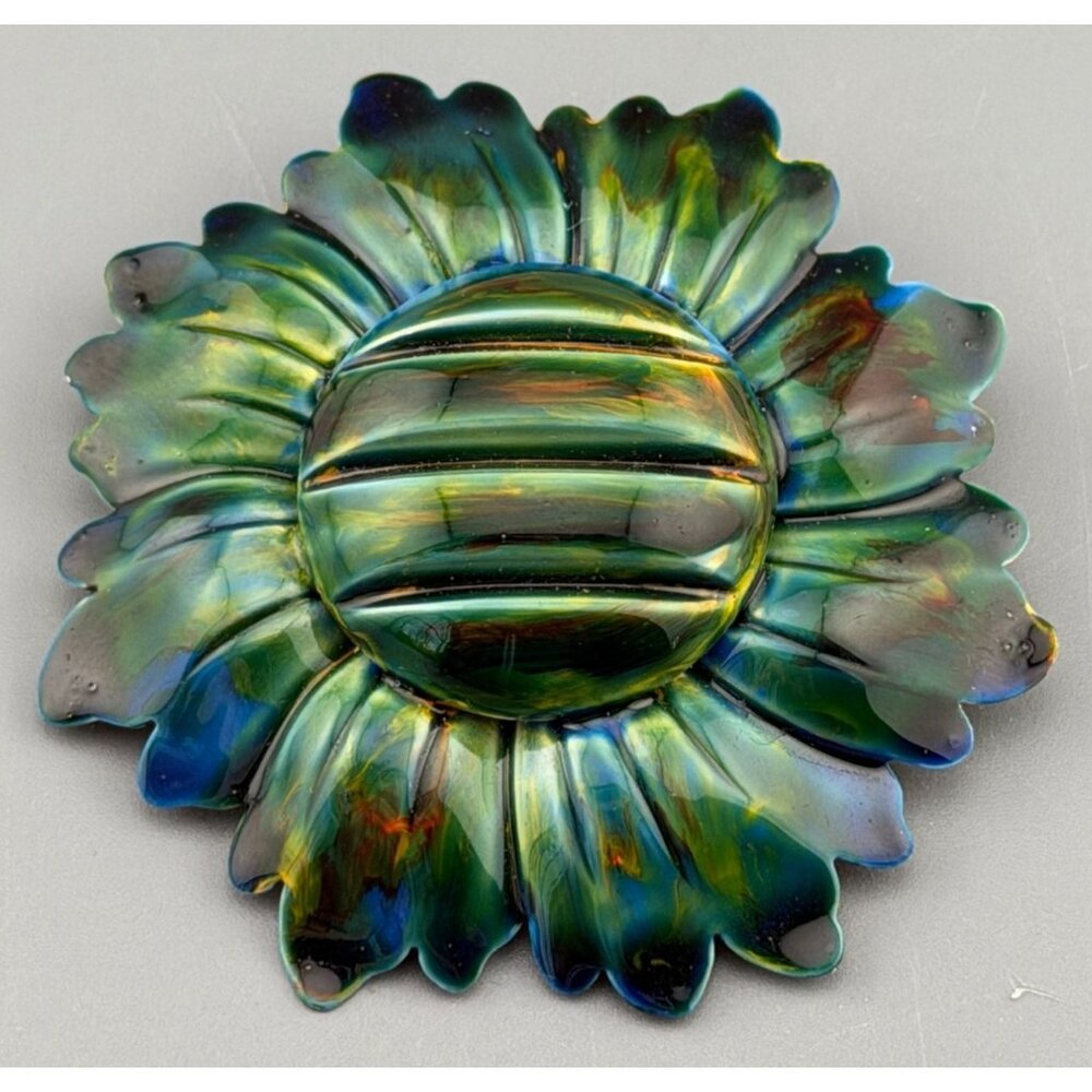 Vintage Original By Robert Brooch Iridescent Flower Enamel Green Blue Oil Slick